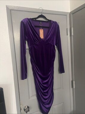 SHEIN Purple Velvet Ruched Long Sleeve Midi Dress
